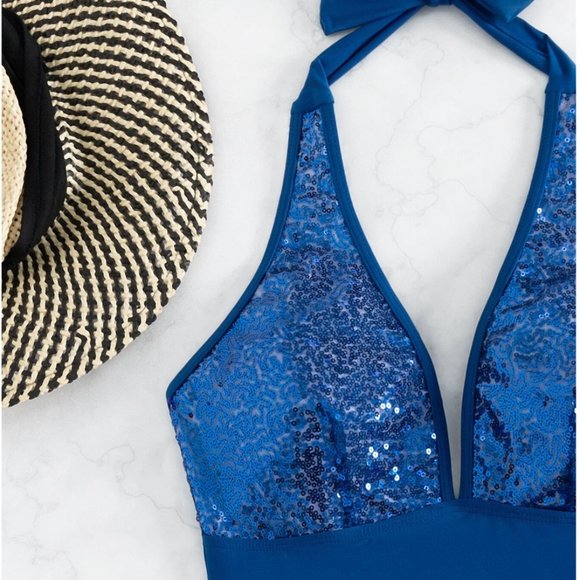 Sequin Halter One Piece Swimsuit Bathing Suit - Picture 5 of 7